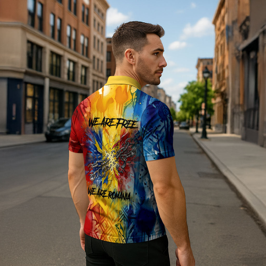 Romania We Are Free Eagle Zipper Polo Shirt Romanian Flag Broken Chains - Watercolor Style