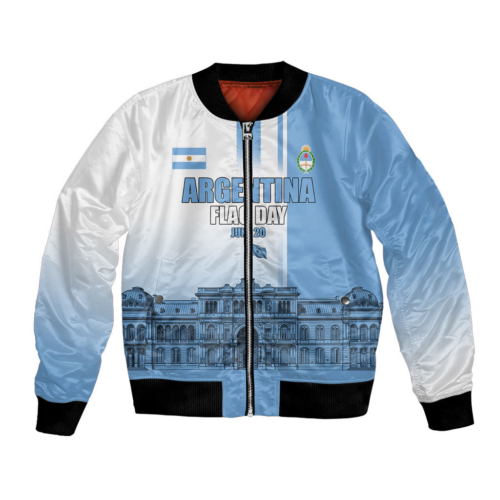 Personalized Argentina Flag Day Bomber Jacket Sun Of May Patriotic Blue Gradient Sketch