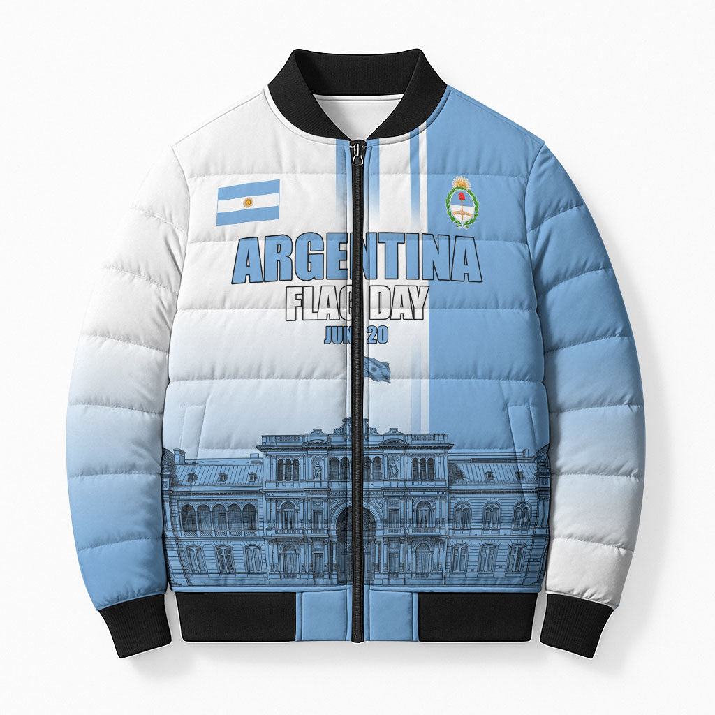 Personalized Argentina Flag Day Bomber Puffer Jacket Sun Of May Patriotic Blue Gradient Sketch