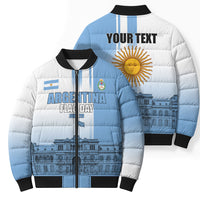 Personalized Argentina Flag Day Bomber Puffer Jacket Sun Of May Patriotic Blue Gradient Sketch