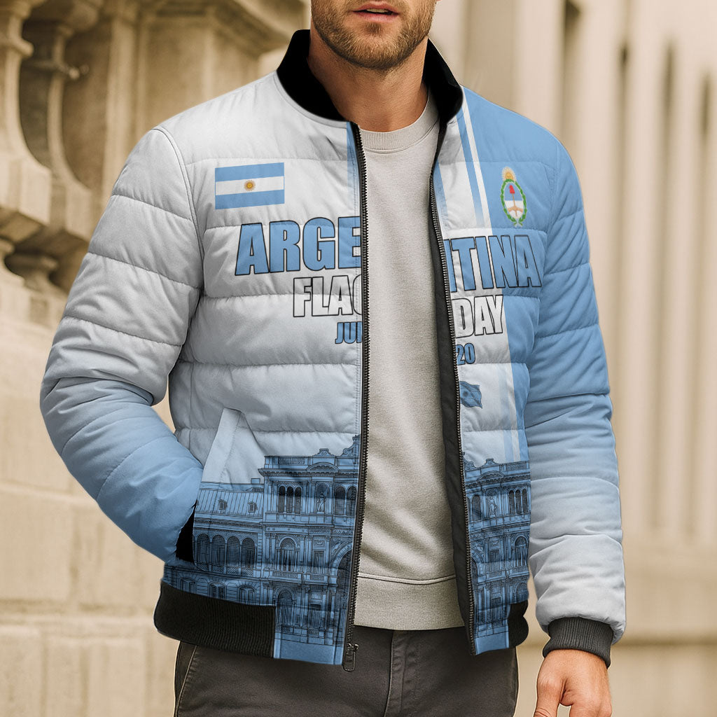 Personalized Argentina Flag Day Bomber Puffer Jacket Sun Of May Patriotic Blue Gradient Sketch