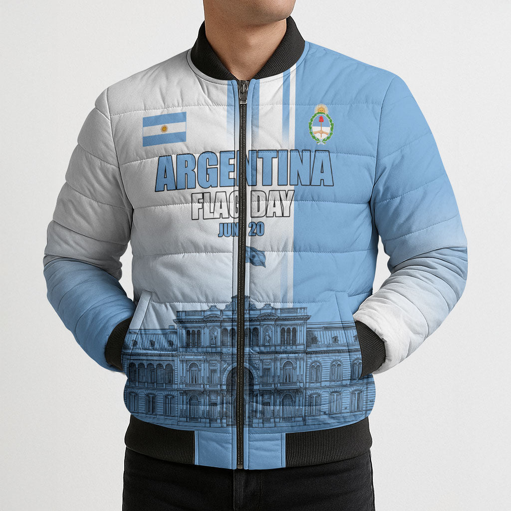 Personalized Argentina Flag Day Bomber Puffer Jacket Sun Of May Patriotic Blue Gradient Sketch