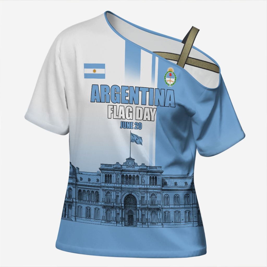 Personalized Argentina Flag Day Cross Shoulder Shirt Sun Of May Patriotic Blue Gradient Sketch