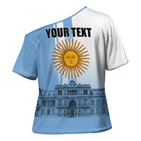 Personalized Argentina Flag Day Cross Shoulder Shirt Sun Of May Patriotic Blue Gradient Sketch