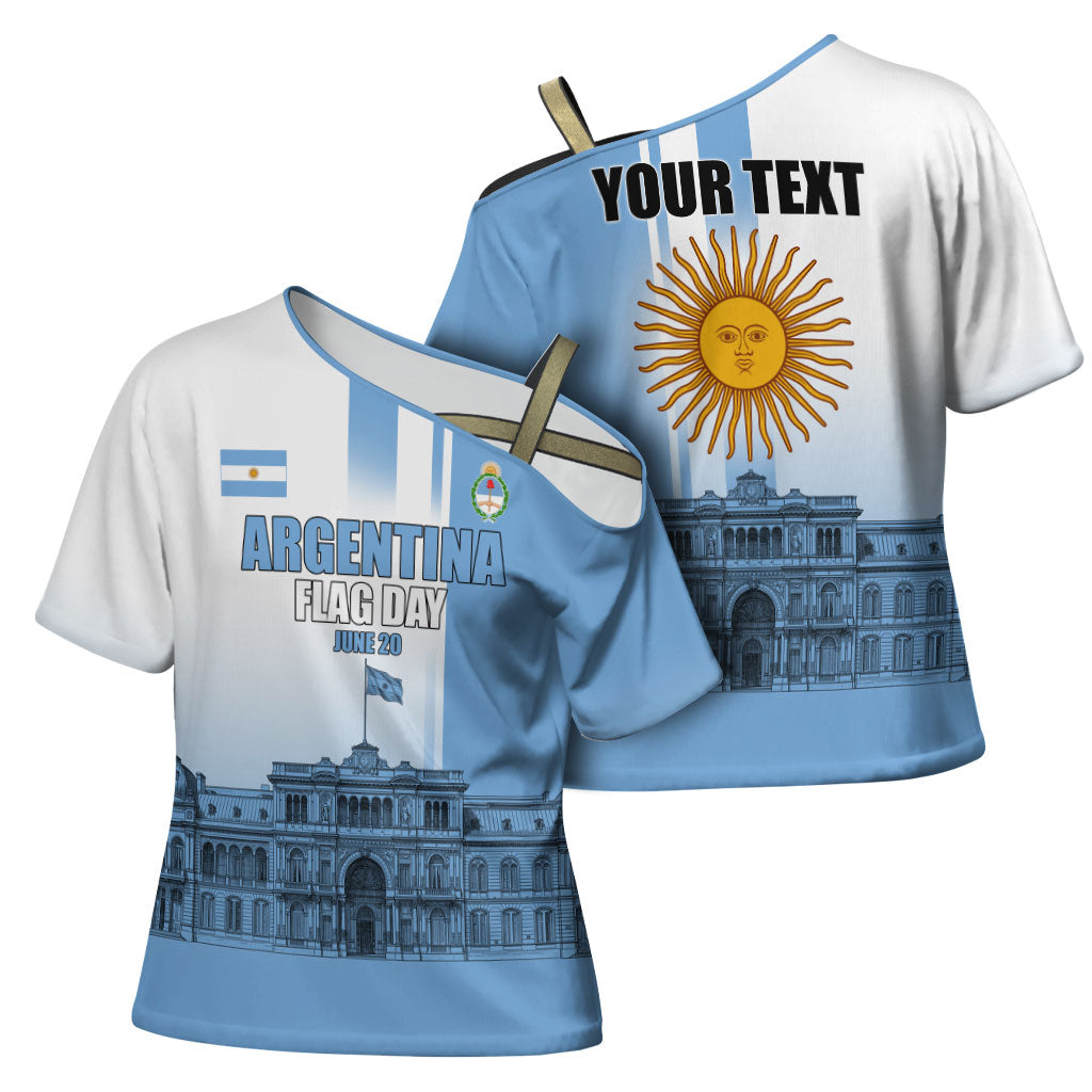 Personalized Argentina Flag Day Cross Shoulder Shirt Sun Of May Patriotic Blue Gradient Sketch