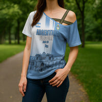 Personalized Argentina Flag Day Cross Shoulder Shirt Sun Of May Patriotic Blue Gradient Sketch