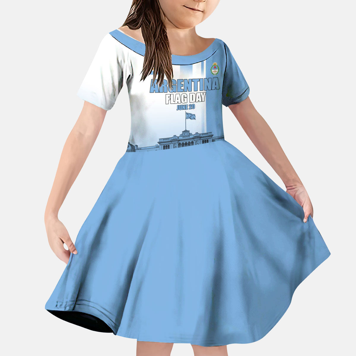 Personalized Argentina Flag Day Kid Short Sleeve Dress Sun Of May Patriotic Blue Gradient Sketch