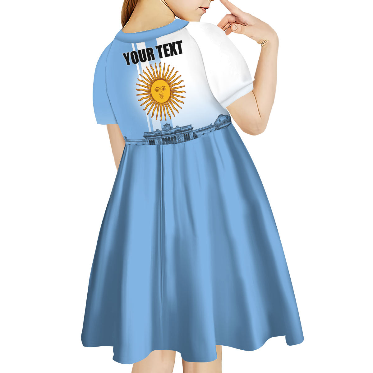 Personalized Argentina Flag Day Kid Short Sleeve Dress Sun Of May Patriotic Blue Gradient Sketch