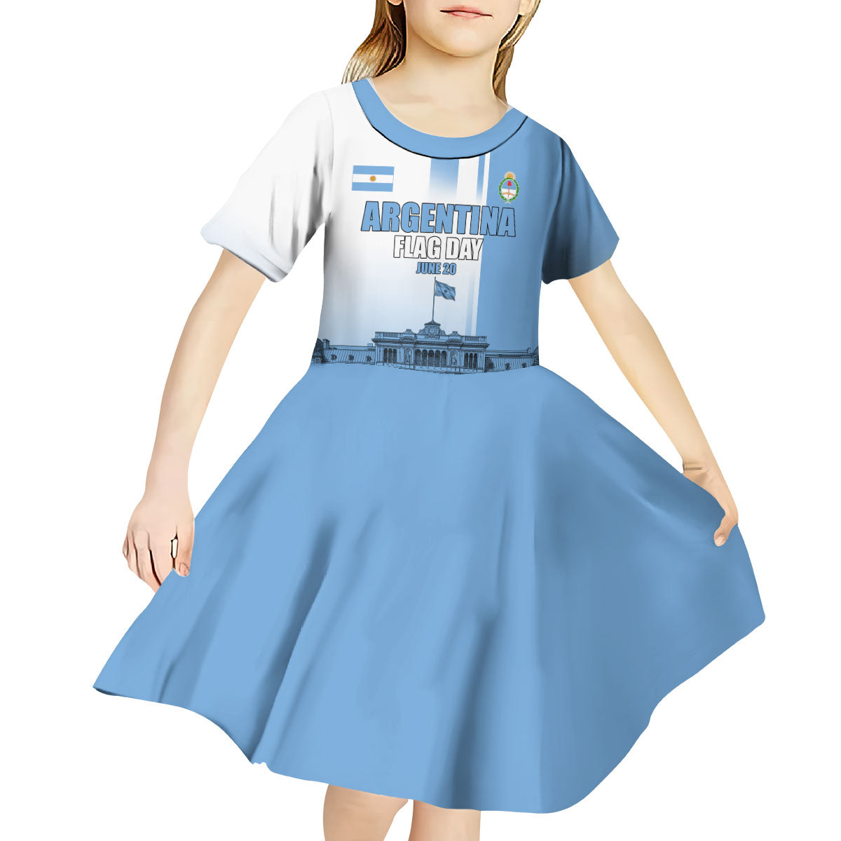 Personalized Argentina Flag Day Kid Short Sleeve Dress Sun Of May Patriotic Blue Gradient Sketch
