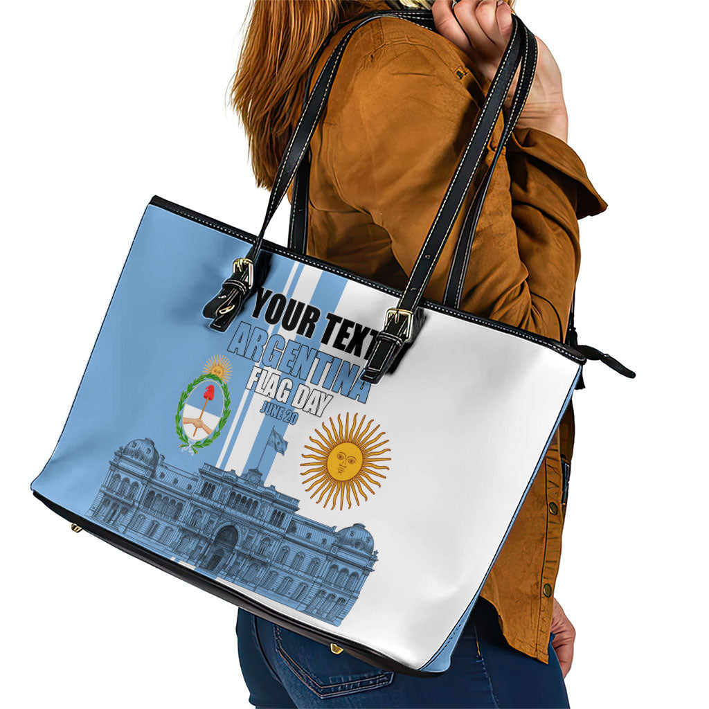 Personalized Argentina Flag Day Leather Tote Bag Sun Of May Patriotic Blue Gradient Sketch