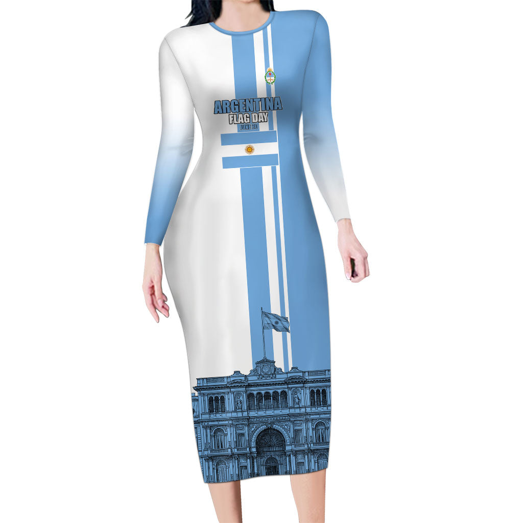 Personalized Argentina Flag Day Long Sleeve Bodycon Dress Sun Of May Patriotic Blue Gradient Sketch