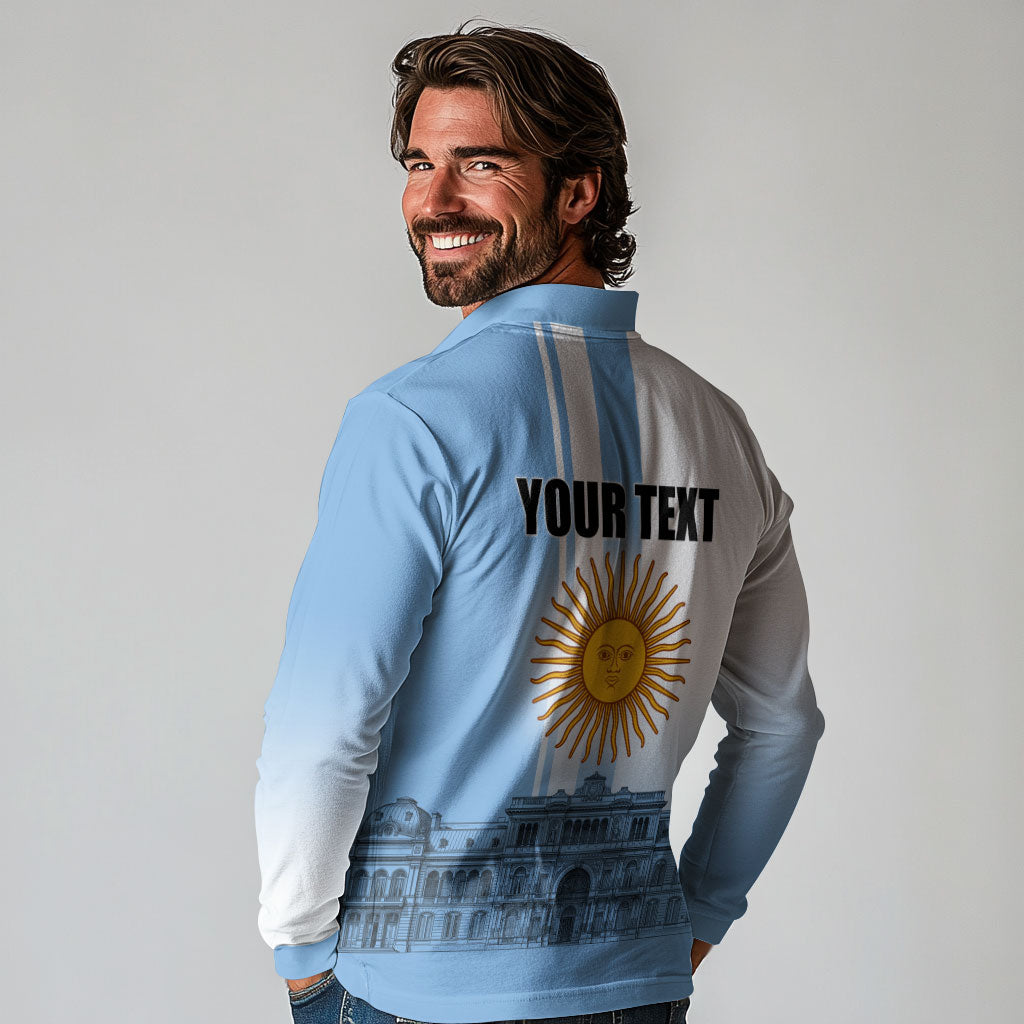Personalized Argentina Flag Day Long Sleeve Polo Shirt Sun Of May Patriotic Blue Gradient Sketch