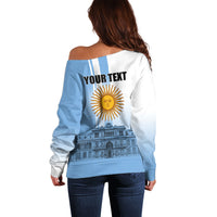 Personalized Argentina Flag Day Off Shoulder Sweater Sun Of May Patriotic Blue Gradient Sketch