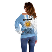 Personalized Argentina Flag Day Off Shoulder Sweater Sun Of May Patriotic Blue Gradient Sketch