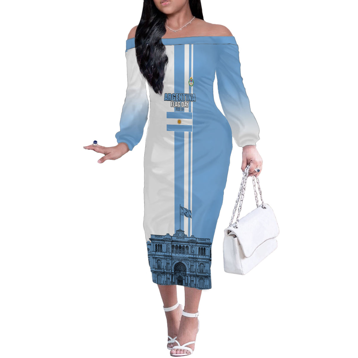 Personalized Argentina Flag Day Off The Shoulder Long Sleeve Dress Sun Of May Patriotic Blue Gradient Sketch