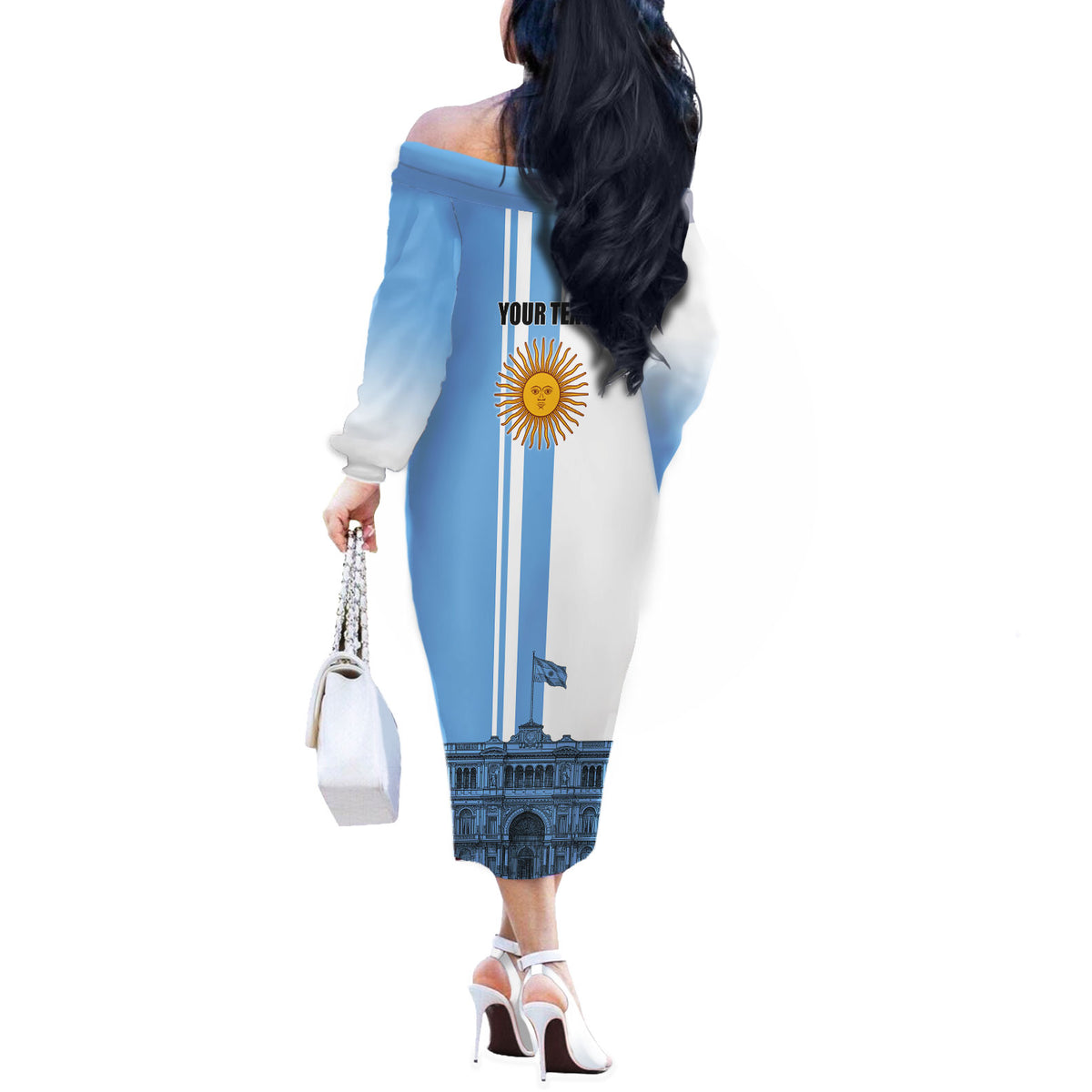 Personalized Argentina Flag Day Off The Shoulder Long Sleeve Dress Sun Of May Patriotic Blue Gradient Sketch