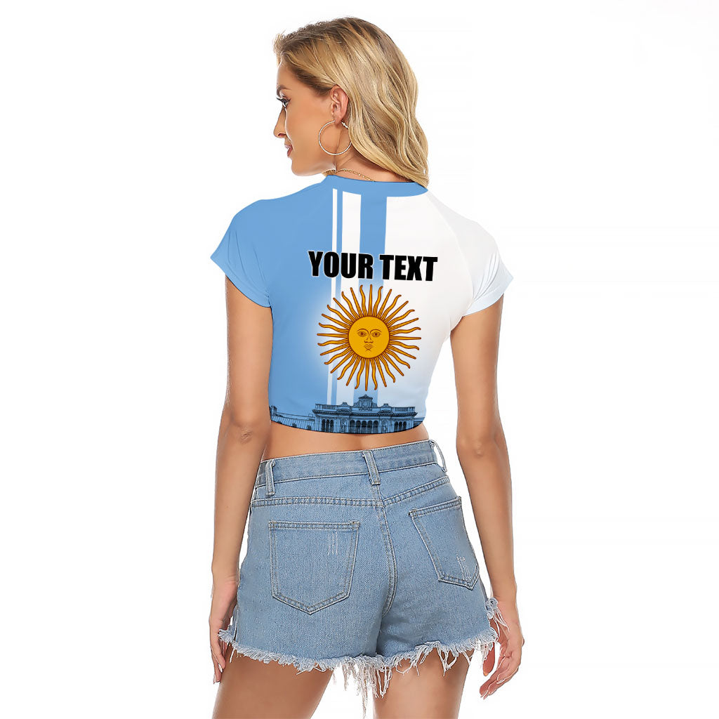 Personalized Argentina Flag Day Raglan Cropped T Shirt Sun Of May Patriotic Blue Gradient Sketch