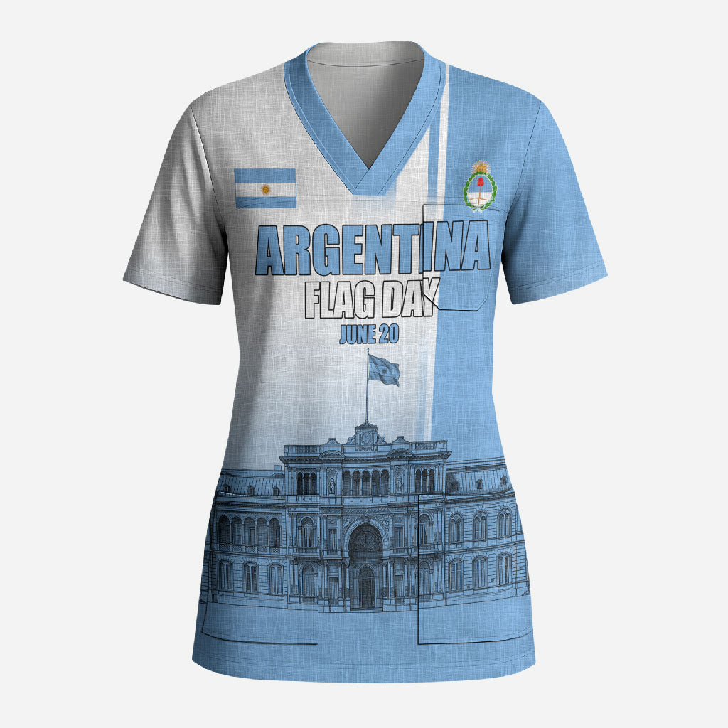 Personalized Argentina Flag Day Scrub Top Sun Of May Patriotic Blue Gradient Sketch
