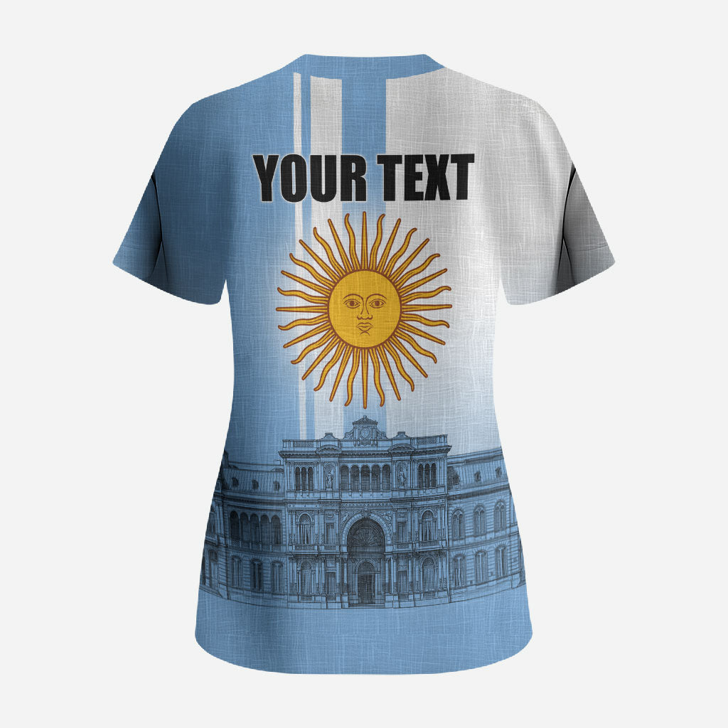 Personalized Argentina Flag Day Scrub Top Sun Of May Patriotic Blue Gradient Sketch