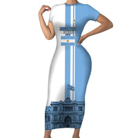 Personalized Argentina Flag Day Short Sleeve Bodycon Dress Sun Of May Patriotic Blue Gradient Sketch