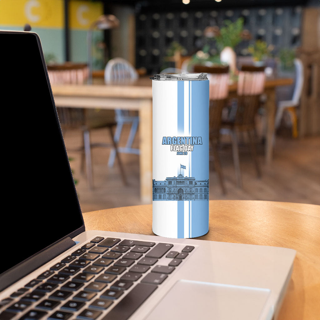 Personalized Argentina Flag Day Skinny Tumbler Sun Of May Patriotic Blue Gradient Sketch