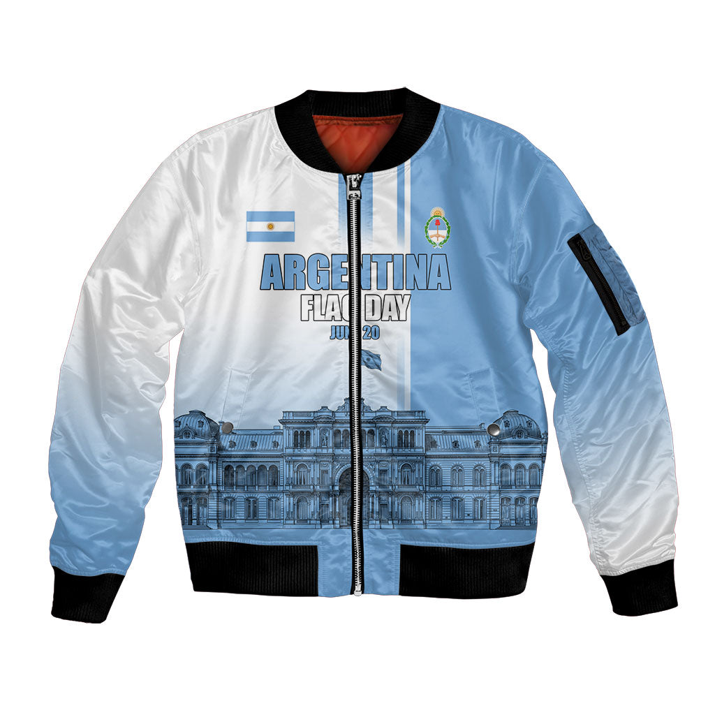 Personalized Argentina Flag Day Sleeve Zip Bomber Jacket Sun Of May Patriotic Blue Gradient Sketch