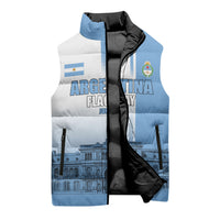 Personalized Argentina Flag Day Sleeveless Puffer Jacket Sun Of May Patriotic Blue Gradient Sketch