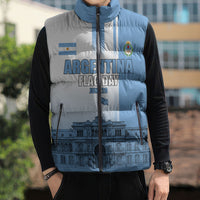 Personalized Argentina Flag Day Sleeveless Puffer Jacket Sun Of May Patriotic Blue Gradient Sketch