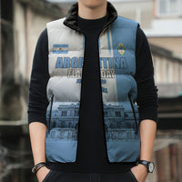 Personalized Argentina Flag Day Sleeveless Puffer Jacket Sun Of May Patriotic Blue Gradient Sketch