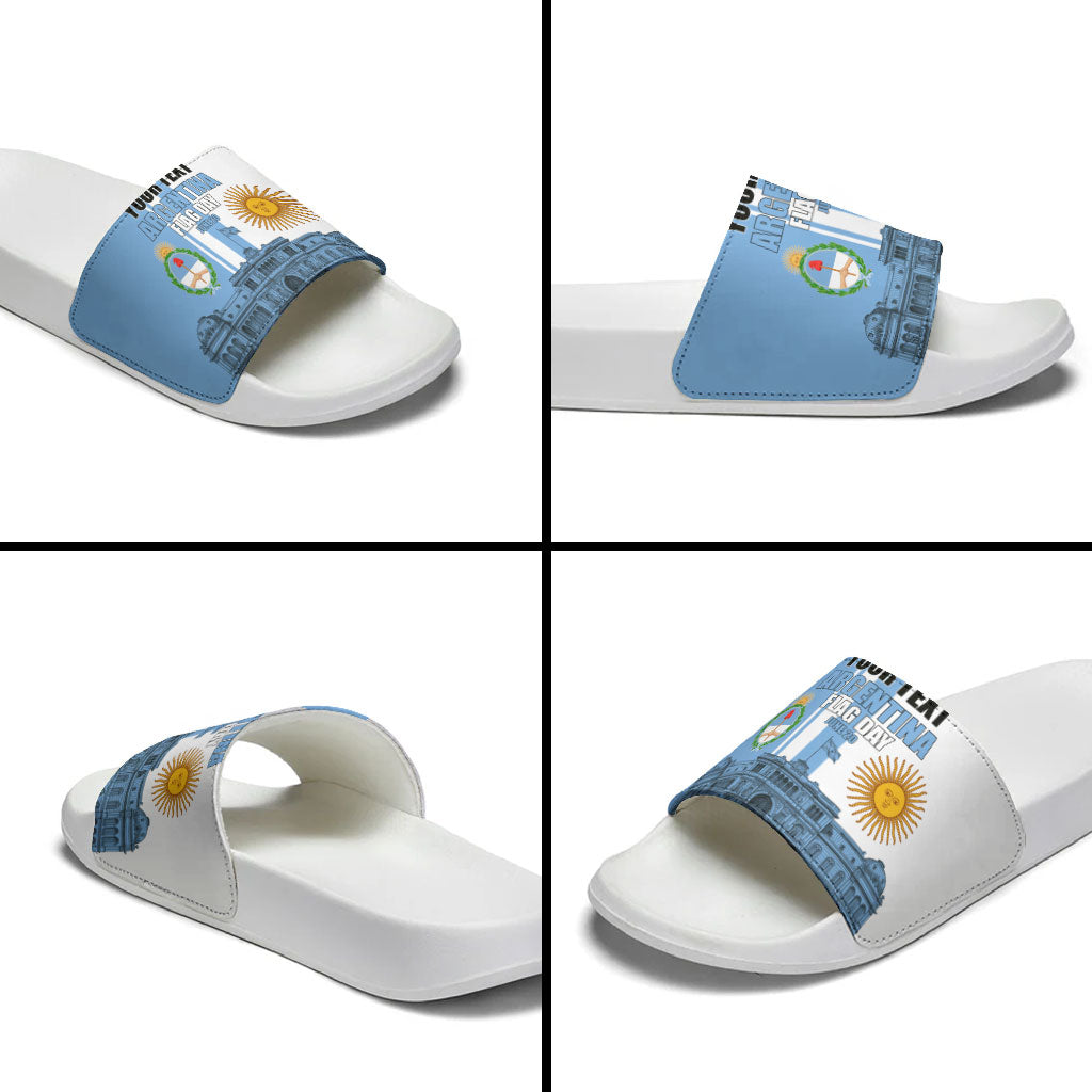 Personalized Argentina Flag Day Slide Sandals Sun Of May Patriotic Blue Gradient Sketch