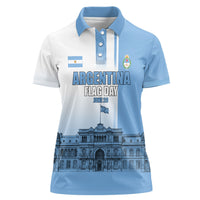 Personalized Argentina Flag Day Women Polo Shirt Sun Of May Patriotic Blue Gradient Sketch
