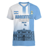 Personalized Argentina Flag Day Women V-Neck T-Shirt Sun Of May Patriotic Blue Gradient Sketch