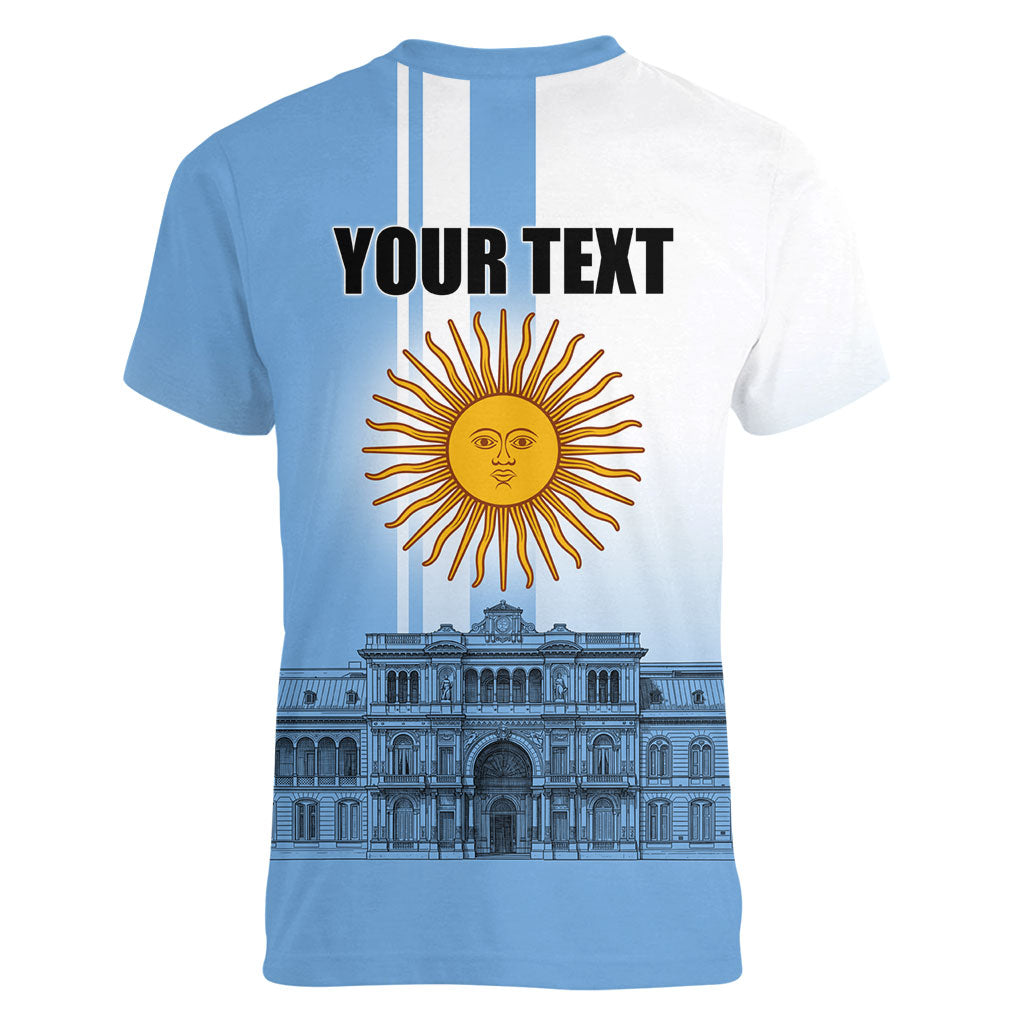 Personalized Argentina Flag Day Women V-Neck T-Shirt Sun Of May Patriotic Blue Gradient Sketch