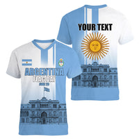 Personalized Argentina Flag Day Women V-Neck T-Shirt Sun Of May Patriotic Blue Gradient Sketch