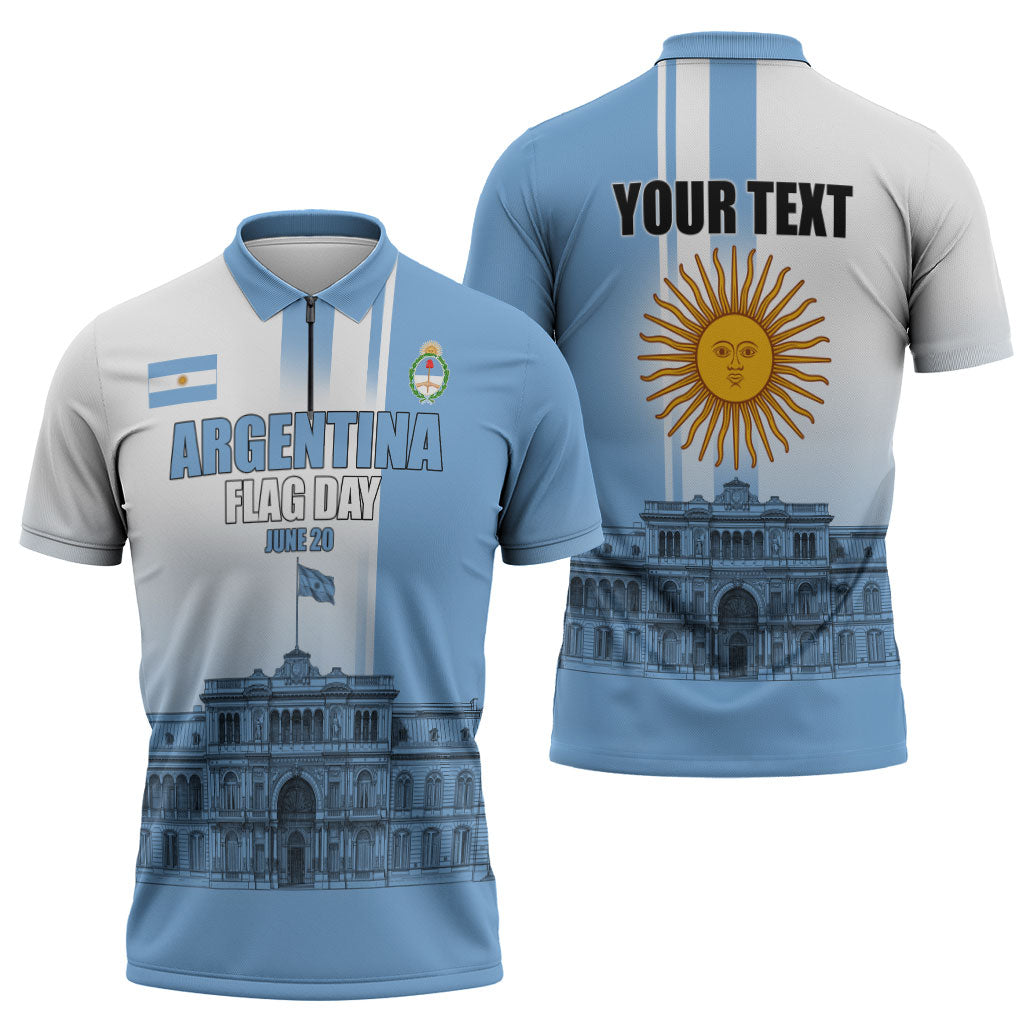 Personalized Argentina Flag Day Zipper Polo Shirt Sun Of May Patriotic Blue Gradient Sketch
