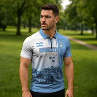 Personalized Argentina Flag Day Zipper Polo Shirt Sun Of May Patriotic Blue Gradient Sketch