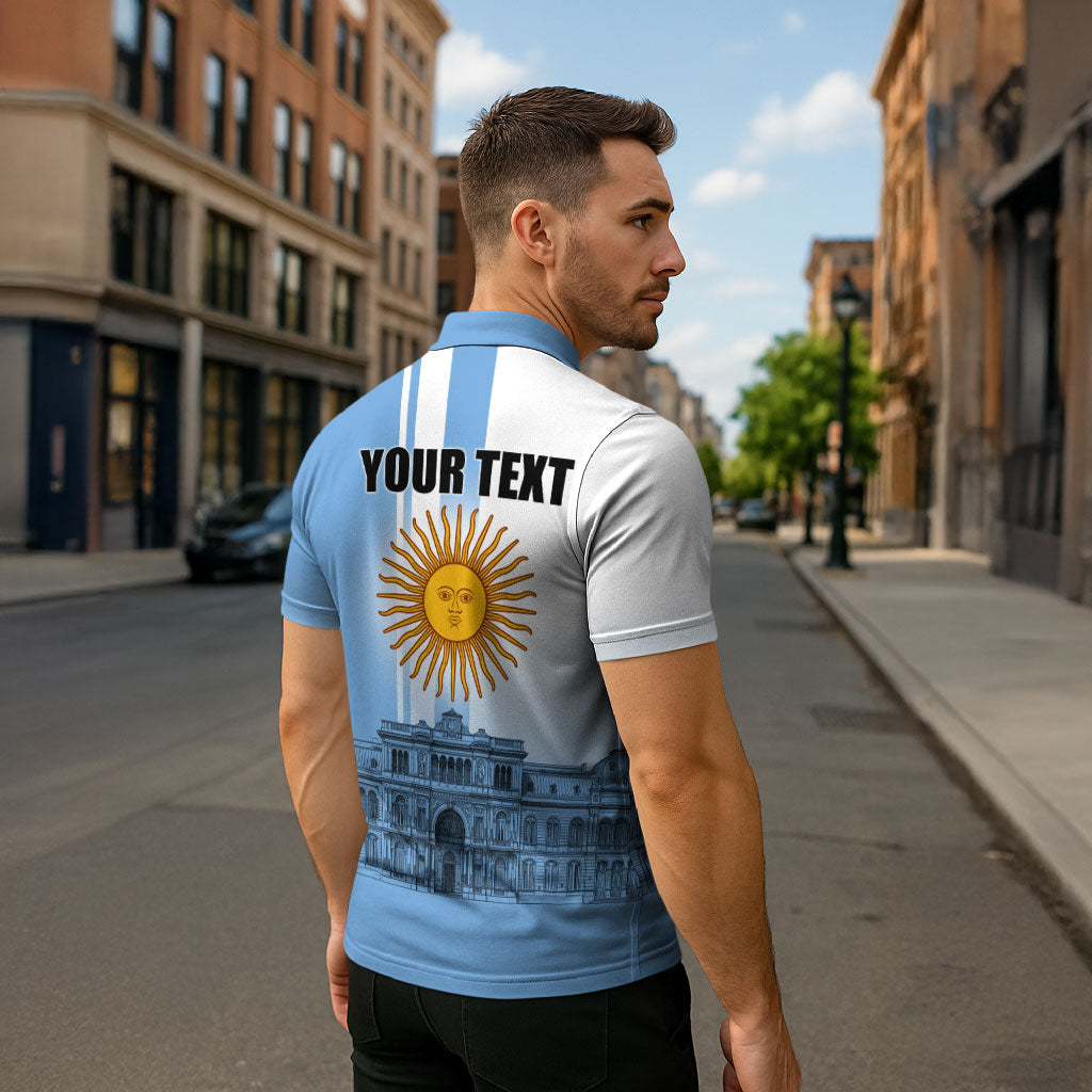 Personalized Argentina Flag Day Zipper Polo Shirt Sun Of May Patriotic Blue Gradient Sketch