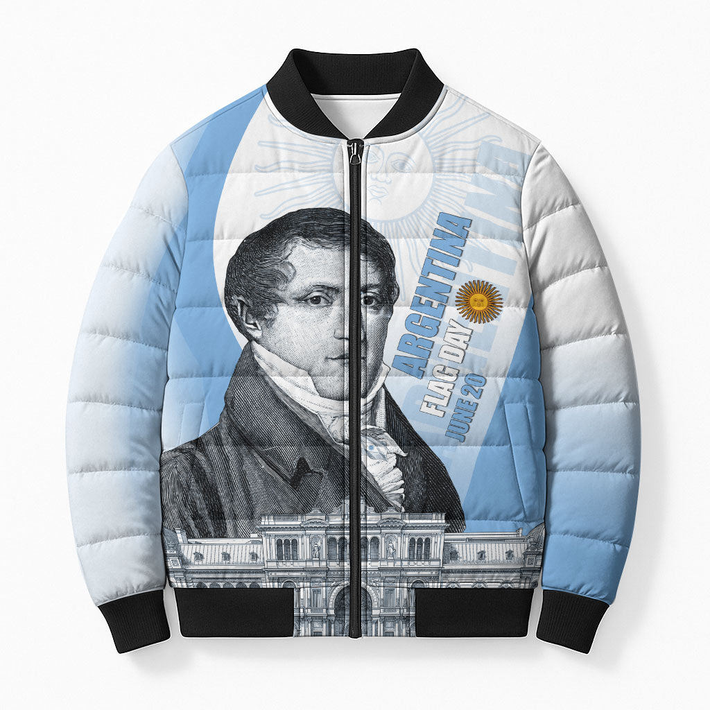 Custom Argentina Manuel Belgrano Bomber Puffer Jacket Flag Day - Patriotic Sun of May