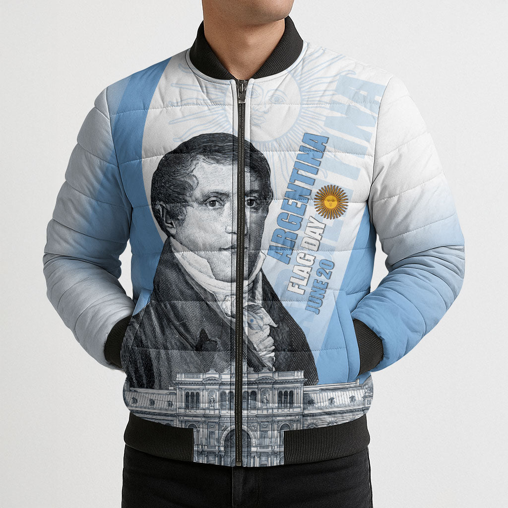 Custom Argentina Manuel Belgrano Bomber Puffer Jacket Flag Day - Patriotic Sun of May