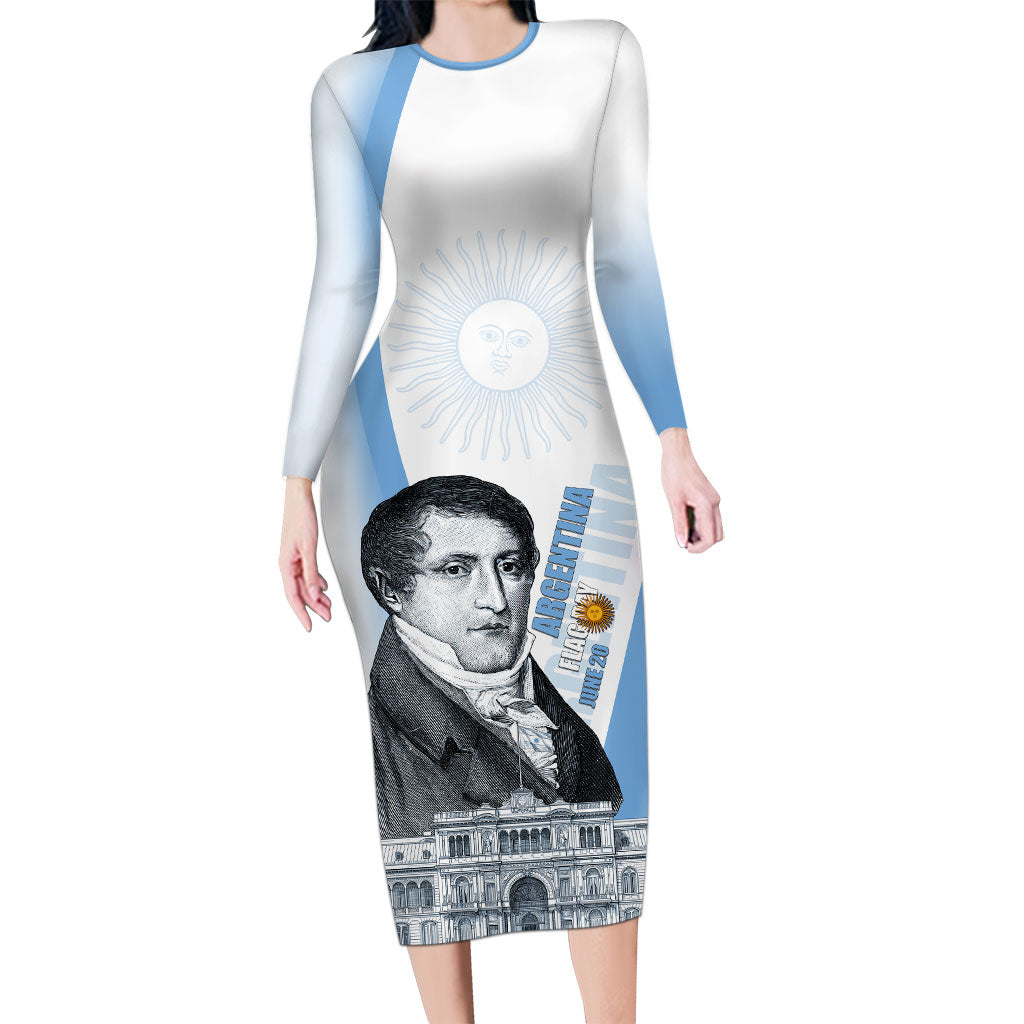 Custom Argentina Manuel Belgrano Long Sleeve Bodycon Dress Flag Day - Patriotic Sun of May