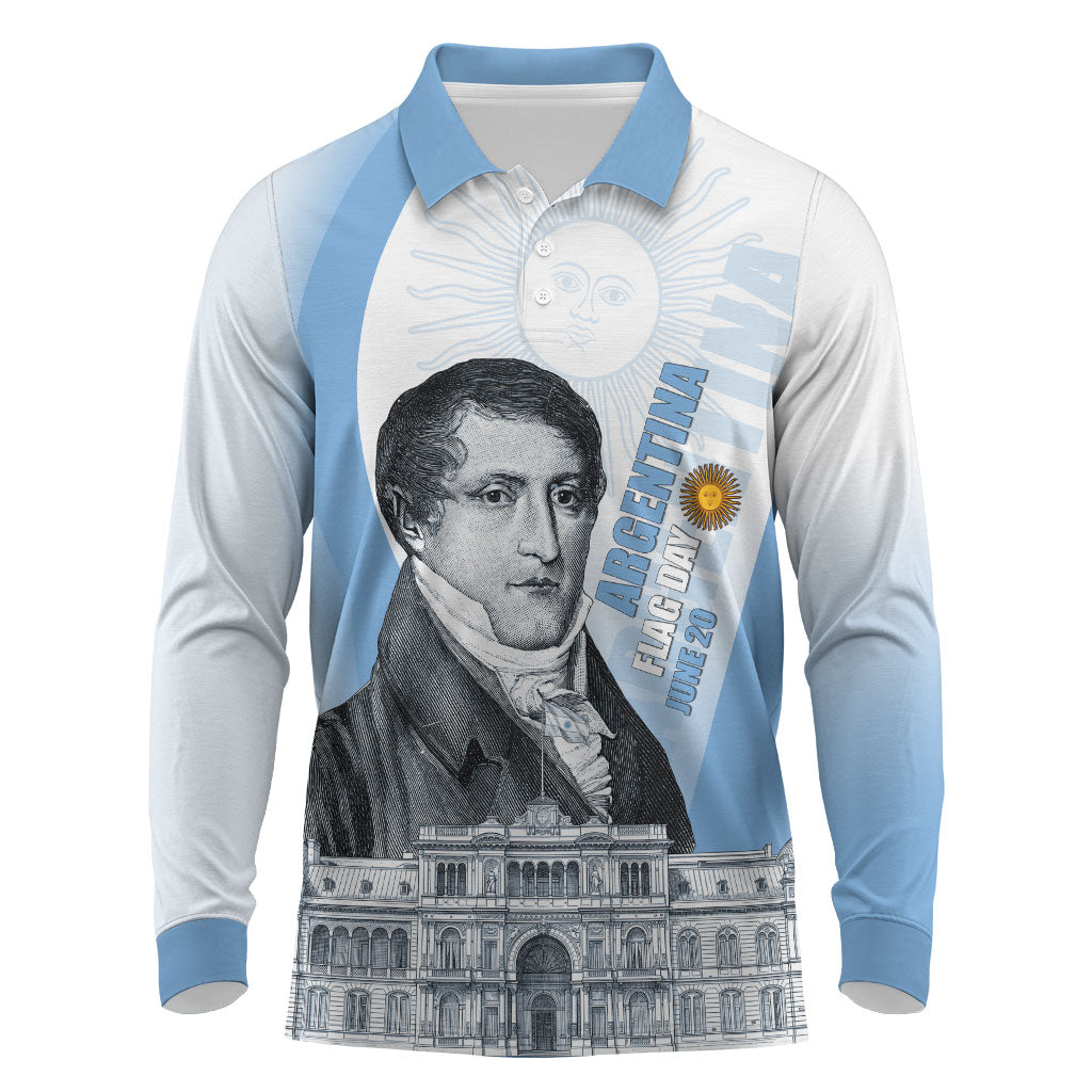Custom Argentina Manuel Belgrano Long Sleeve Polo Shirt Flag Day - Patriotic Sun of May