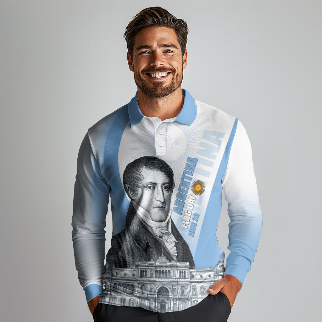Custom Argentina Manuel Belgrano Long Sleeve Polo Shirt Flag Day - Patriotic Sun of May