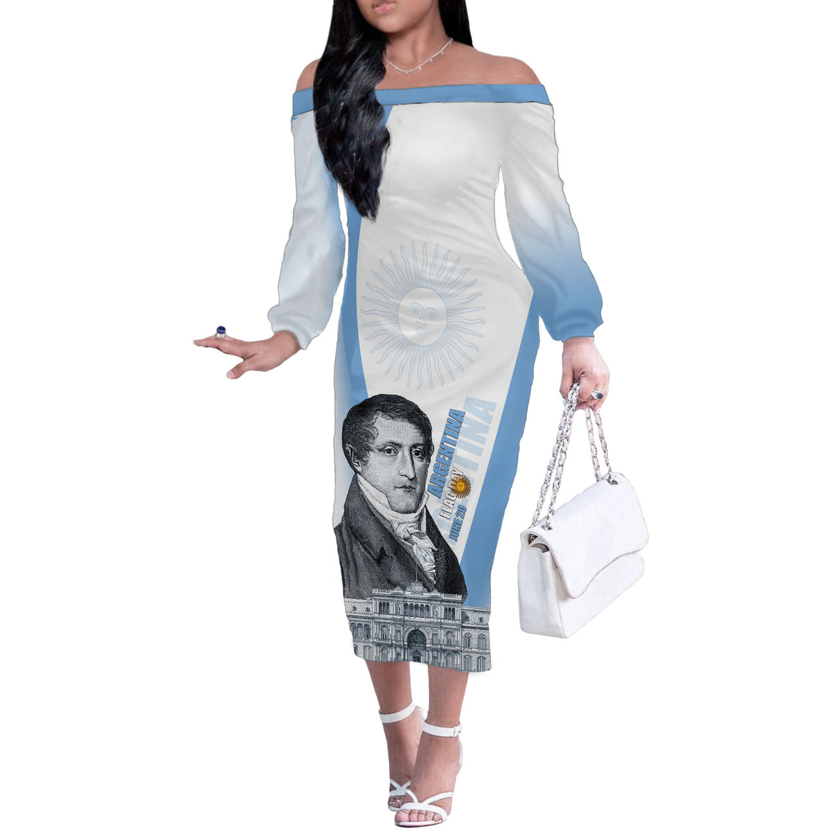 Custom Argentina Manuel Belgrano Off The Shoulder Long Sleeve Dress Flag Day - Patriotic Sun of May