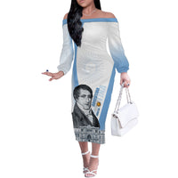 Custom Argentina Manuel Belgrano Off The Shoulder Long Sleeve Dress Flag Day - Patriotic Sun of May