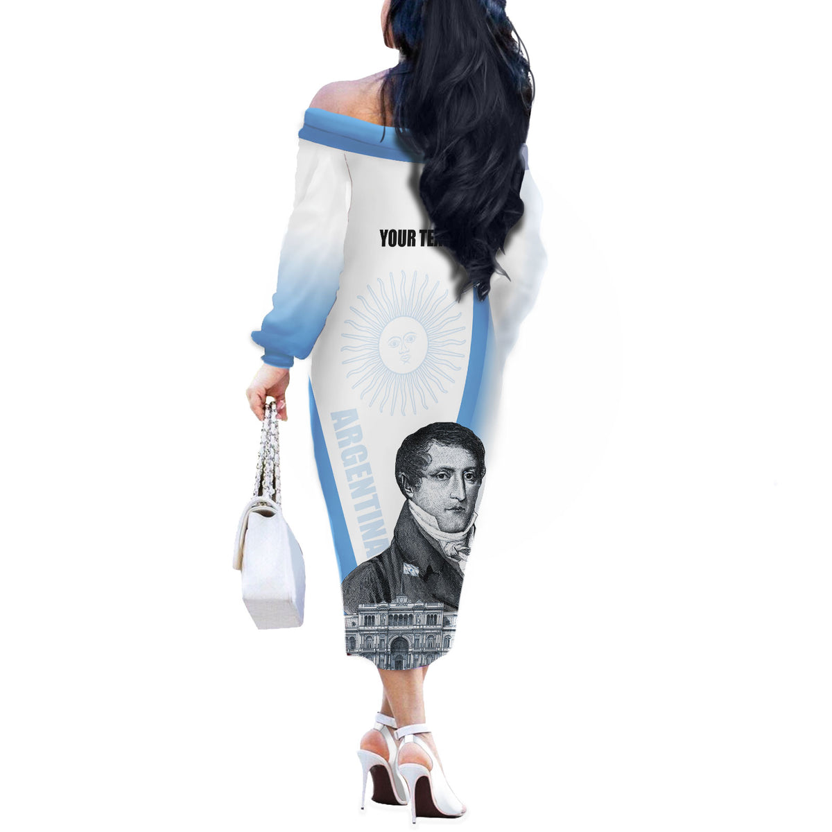 Custom Argentina Manuel Belgrano Off The Shoulder Long Sleeve Dress Flag Day - Patriotic Sun of May