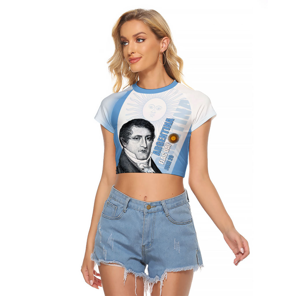 Custom Argentina Manuel Belgrano Raglan Cropped T Shirt Flag Day - Patriotic Sun of May