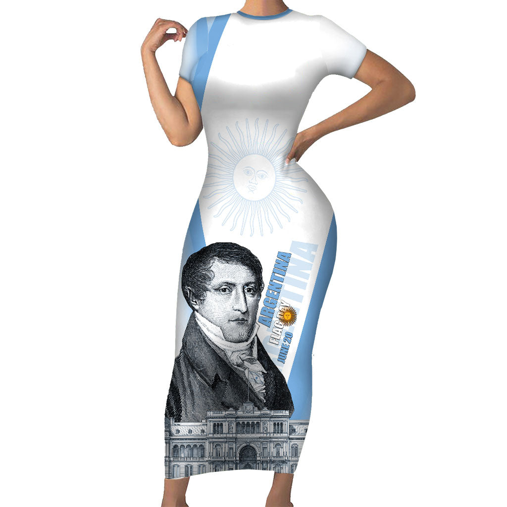 Custom Argentina Manuel Belgrano Short Sleeve Bodycon Dress Flag Day - Patriotic Sun of May
