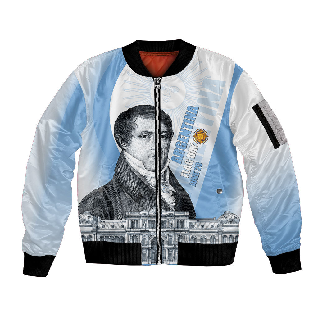 Custom Argentina Manuel Belgrano Sleeve Zip Bomber Jacket Flag Day - Patriotic Sun of May