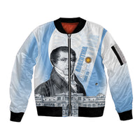 Custom Argentina Manuel Belgrano Sleeve Zip Bomber Jacket Flag Day - Patriotic Sun of May