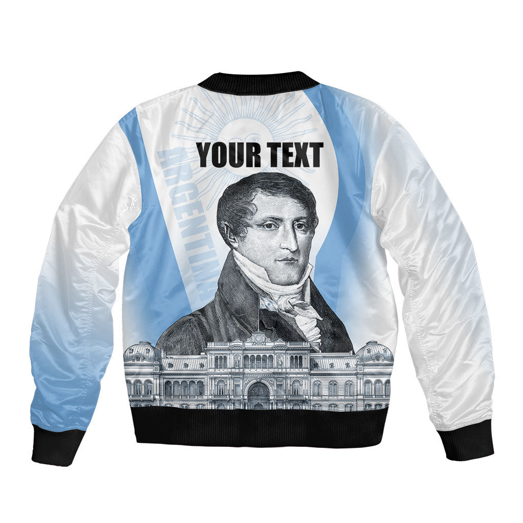 Custom Argentina Manuel Belgrano Sleeve Zip Bomber Jacket Flag Day - Patriotic Sun of May